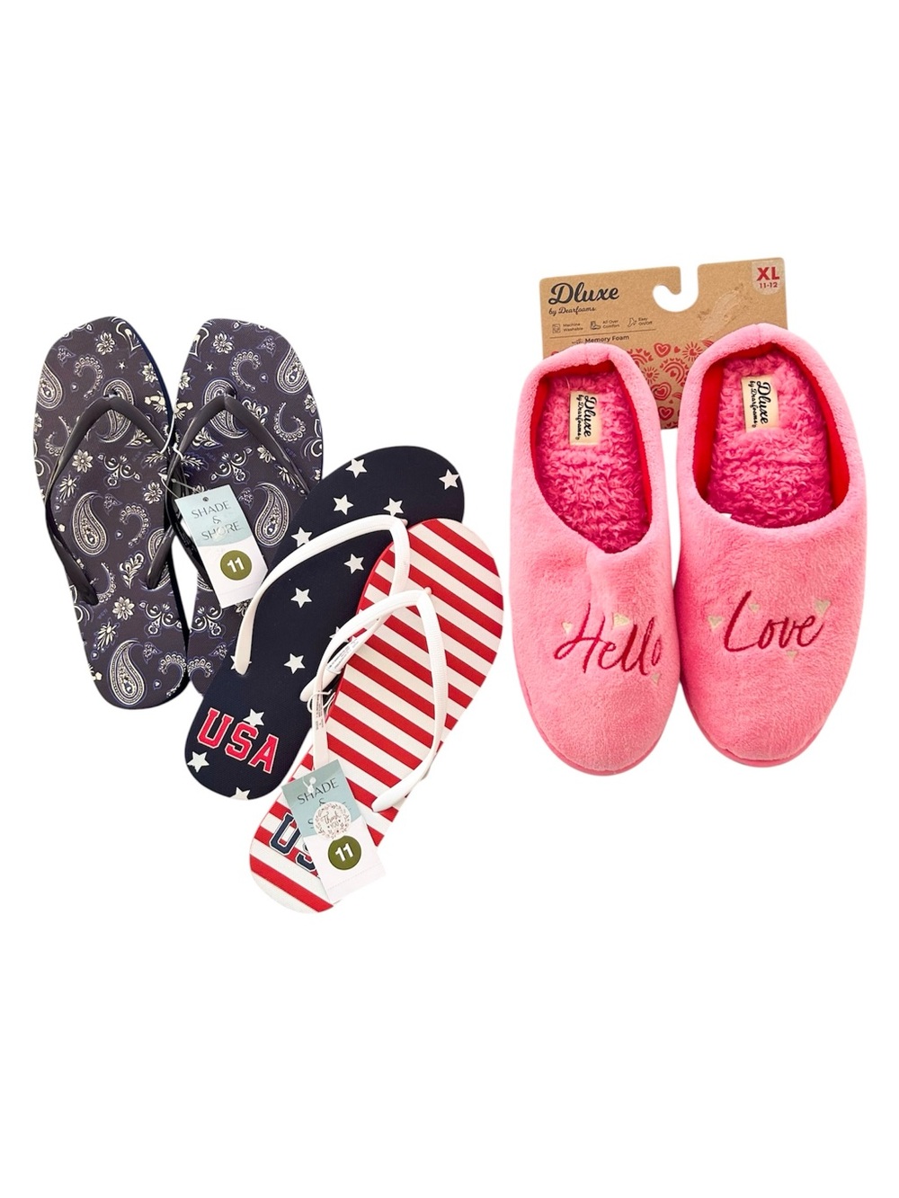 Wms Size 11 Shoe Bundle Two Shade & Shore Flip Flops + Dearfoams Plush Slippers